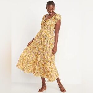 Old Navy Yellow Floral Smocked Milkmaid Peasant Midi Dress Size Large Boho Fairy